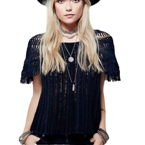 Free People Black and Navy Lightweight Short Sleeve Sweater, Size S - Picture 1 of 7